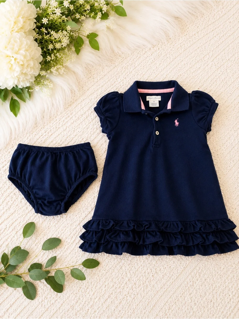 Ralph Lauren Navy Dress with Pink Pony Accent and Bloomer